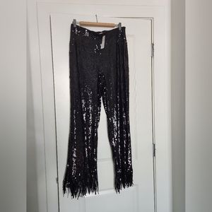 H&M Sequined Black Pants size M with elastic waist and fringe